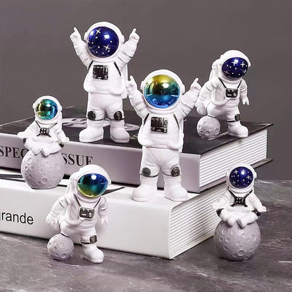 Blue White Astronaut Statues Set of 4, Spaceman Sculpture Figurines Outer Space Theme Decor for Nursery Room Cake Topper