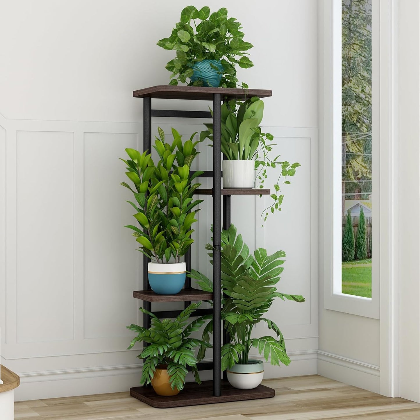 LINZINAR Plant Stand Indoor 4 Tier 5 Potted Multiple Plant Shelf Stands for Garden Corner Balcony Living Room Black