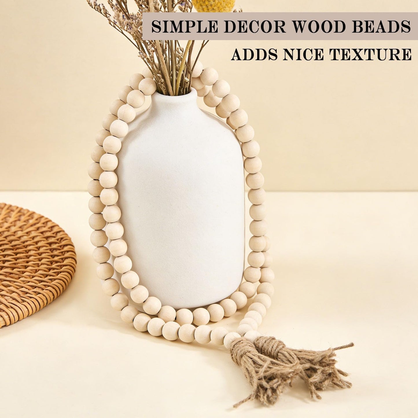 Farmhouse Decor, 59in Wooden Beads Garland with Tassels, Rustic Farmhouse Prayer Boho Beads for Coffee Table Wall Country Decor