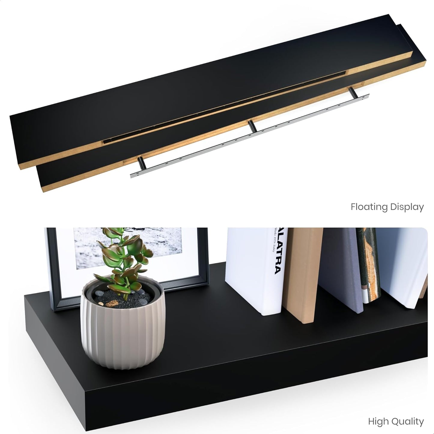 Ballucci Floating Shelves for Wall, 48" Wood Wall Shelf Set of 2, with Invisible Brackets for Bathroom, Living Room, Bedroom, Kitchen, Nursery, 8" Deep, Black