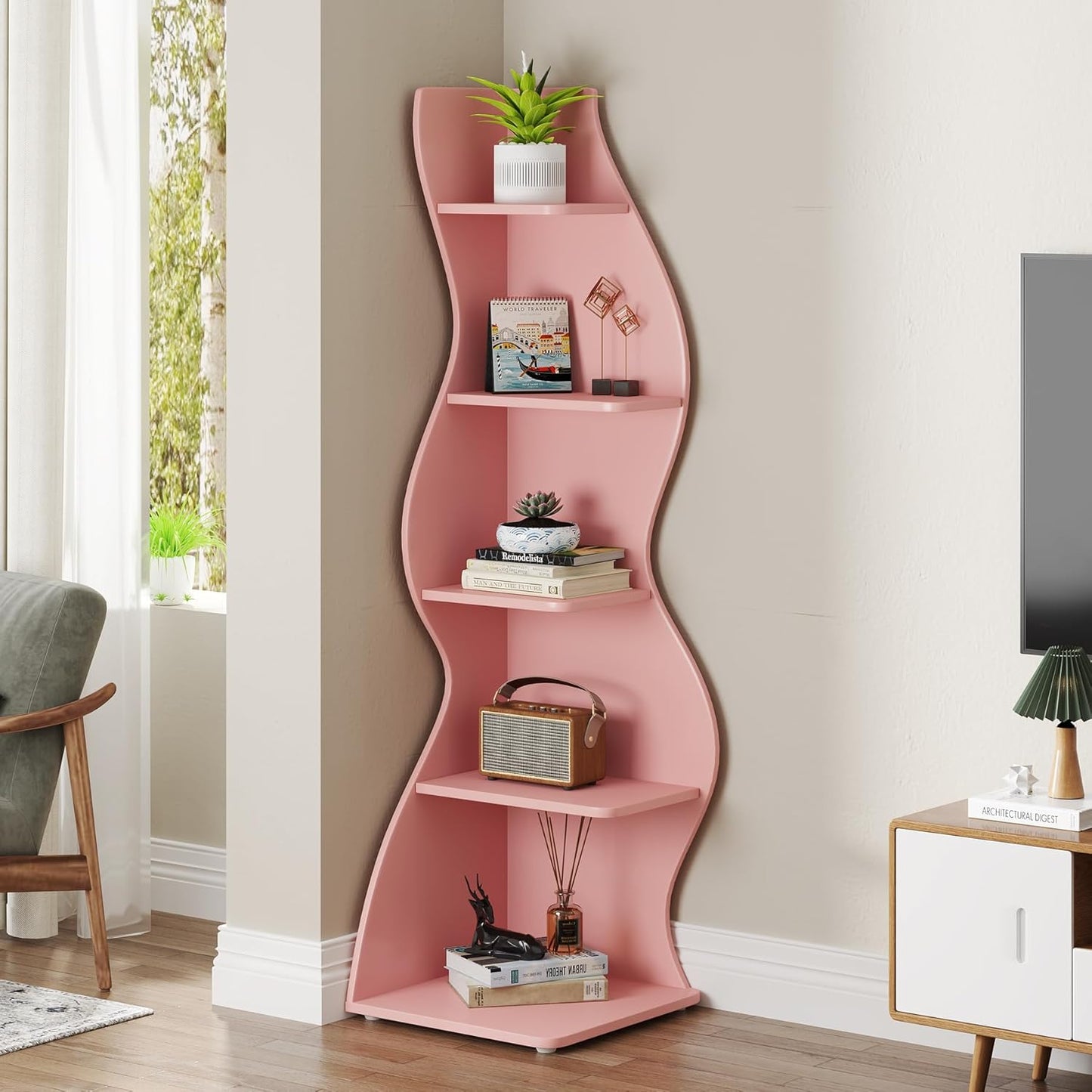 Tribesigns Corner Shelf, Modern 5-Tier Wall Corner Bookshelf, Stylish Corner Small Bookcase Storage Rack Plant Stand with Unique Shape for Living Room, Home Office (White, 1PC)