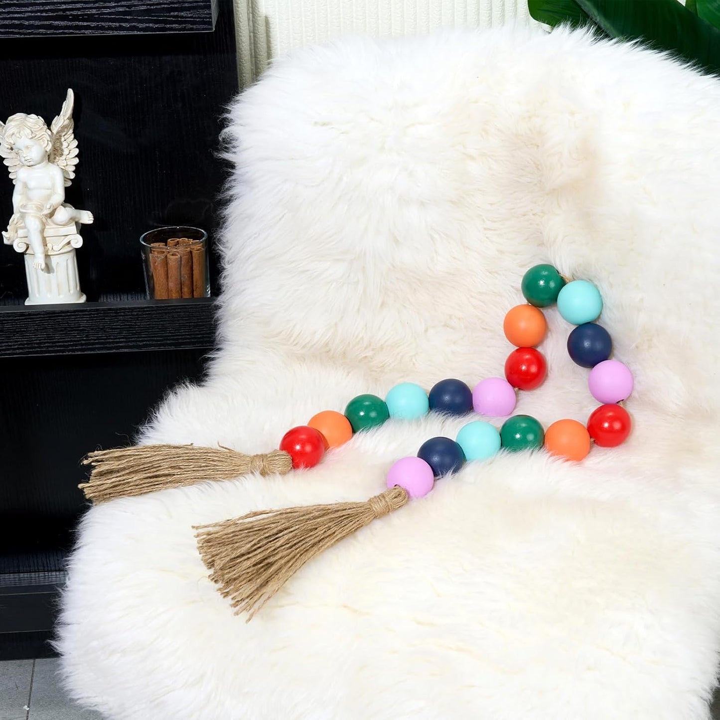 OMISHE Extra Large Wood Bead Garland with 1.6" Diameter Wooden Beads and Tassels, 41" Long Rustic Farmhouse Country Decorative Beads for Home Tiered Tray Decor, Natural Beige