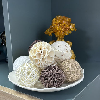 6 Pcs Decorative Balls for Centerpiece Bowls,2.36 Inch Natural Handmade Cotton Linen Orbs Balls,Wood Decorative Ball,Vase Fillers, Home Table Decor