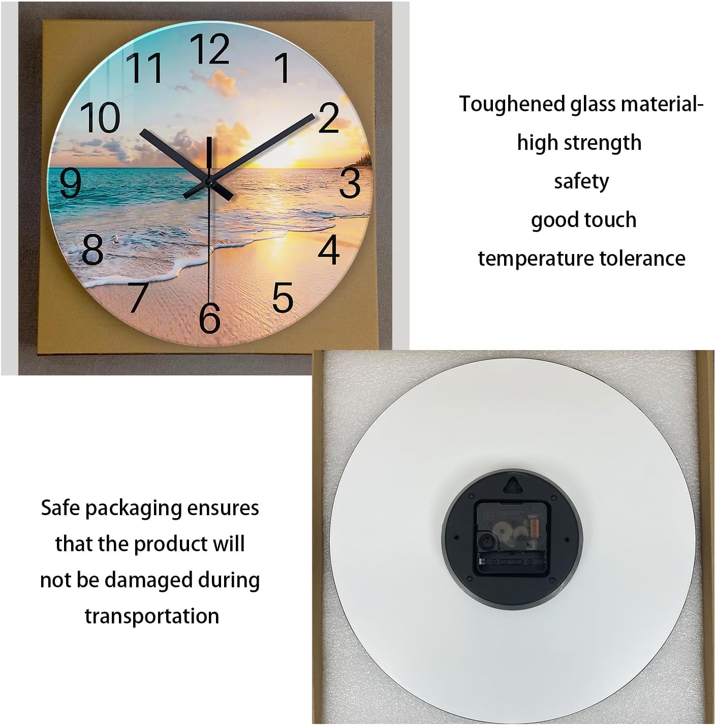 Beach Wall Clock Battery Operated 12 Inch Glass Wall Clock Non Ticking Analog Blue Wall Clocks for Bedroom Living Room Office Decor