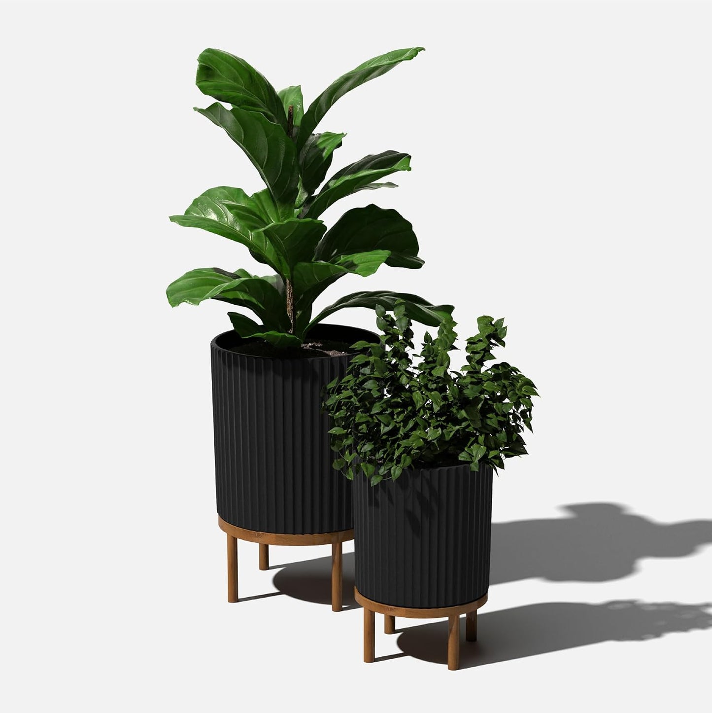 Veradek Demi Series Round Planter w/ Stand for Porch/Patio | Durable Plastic-Concrete & Wooden Stand | Modern Décor for Tall Plants, Flowers