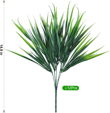 Ivydale 12Pcs Fake Plants Outdoor Artificial Plastic Grass Spring Decoration UV Resistant Faux Greenery Stems Bushes Outside Fake Plants for Planters Patio Porch Window Box Pathway Garden Home Decor