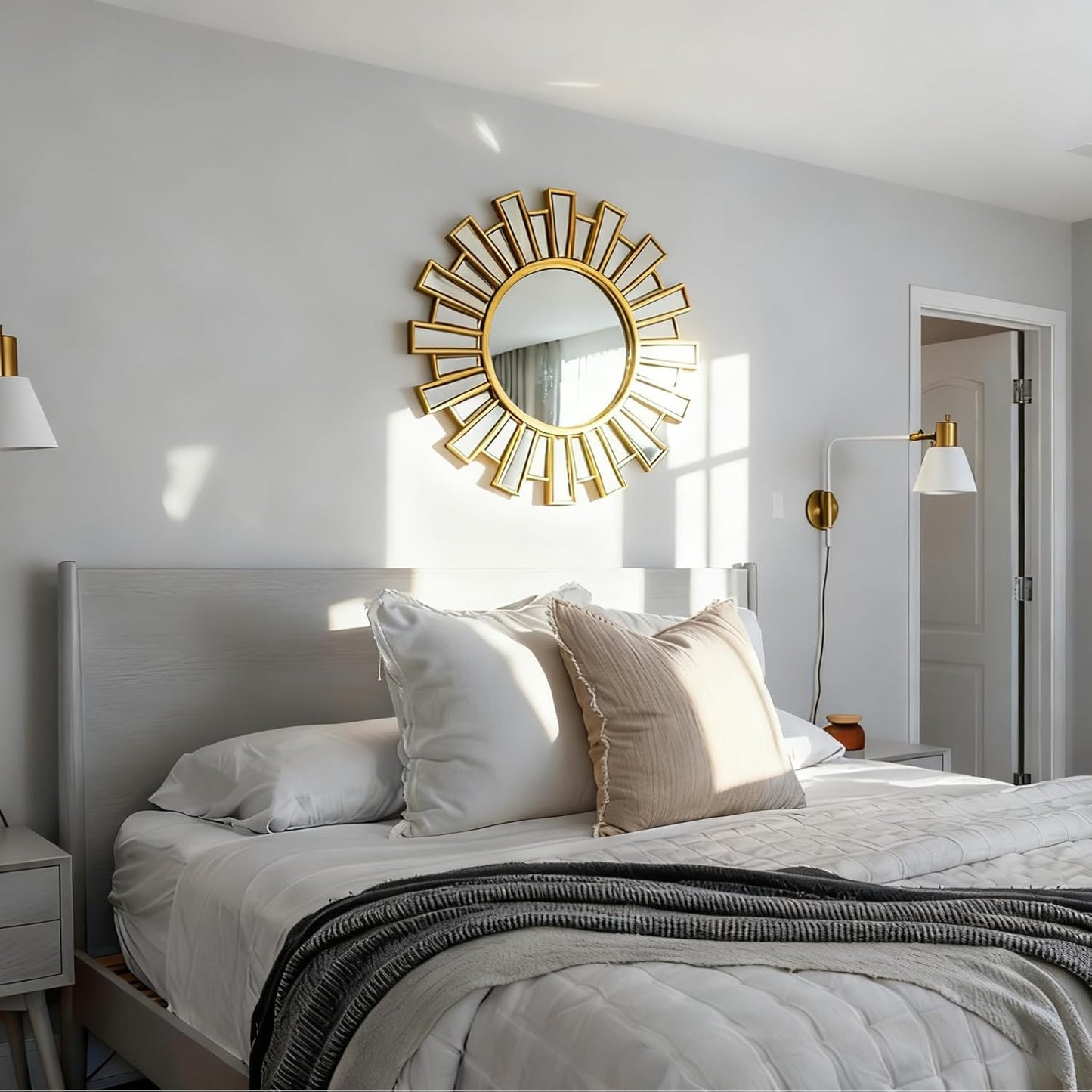 Gold Sunburst Mirror, 26" Sun Mirror Wall Decor with Beveled Glass Frame, Starburst Mirrors for Entryway, Dining Room, Living Room