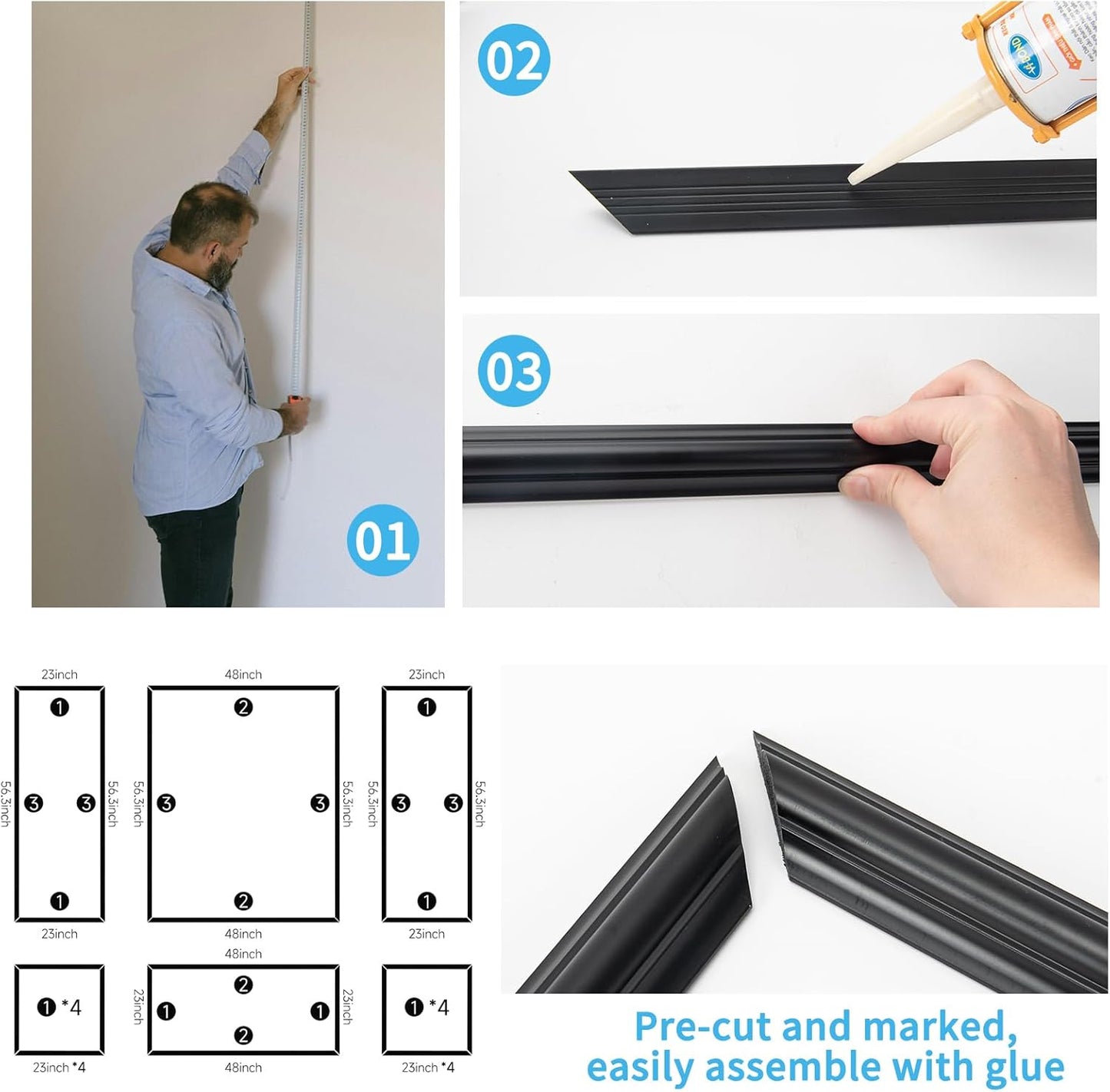 Art3d Pre-Cut Wall Molding Set of 6 pcs, Ready-to-Assemble Wainscoting Panels for Interior Wall Décor Living Room Bedroom Accent Wall - Installed with Glue, 3 Top 3 Bottom