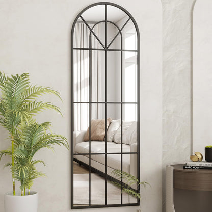 Dewfig 65"x 22" Arched Window pane Full Length Mirror, Wall Mirror, Floor Standing Mirrors, Farmhouse Long Full Body Mirrors Wall Mounted for Living Room, Bedroom, Entryway, Fireplace, Black