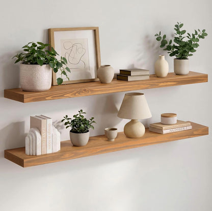 Homeforia 24 inch Natural Floating Shelf, High End Solid Real Wood 24inch Small Floating Shelves for Wall Mounted, Natural Wooden Floating Shelves, Heavy Duty Bracket, 24 X 6.5 X 1.75 in, Set of 2