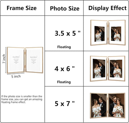 Gold 6x8'' Floating Photo Frame 2 Pack, Beaded Metal Frame Fits 3.5x5'', 4x6'' & 5x7'' Pictures, Adjustable Tabletop & Shelf Display, Elegant Wedding Gift for Home Decor
