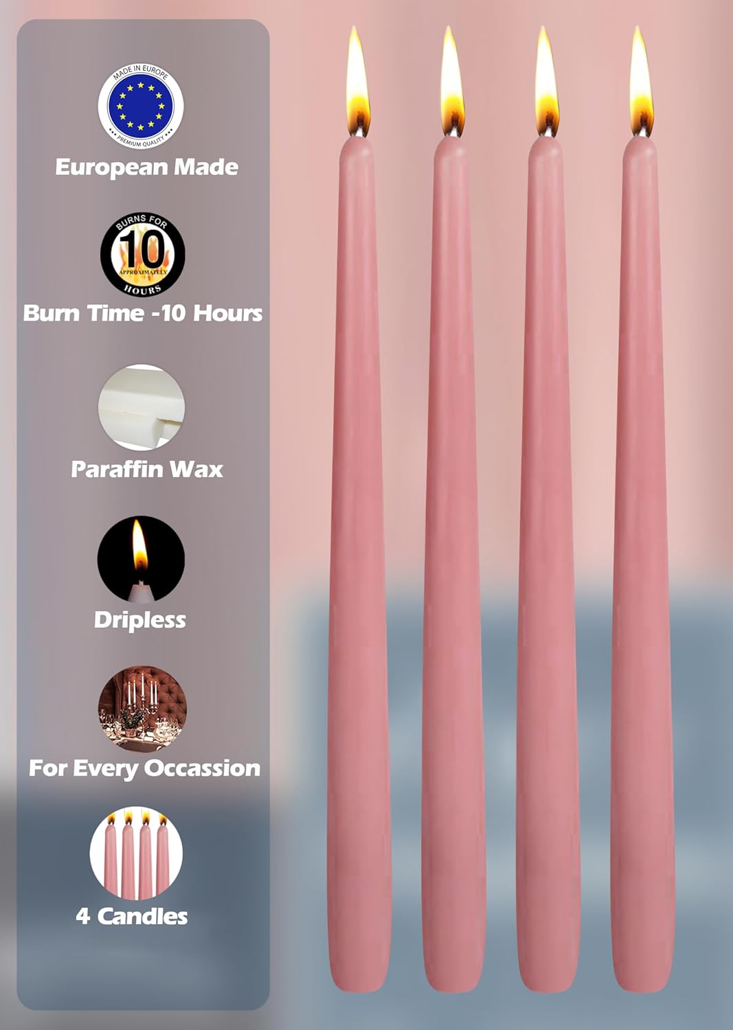 Hyoola Tall Taper Candles - 10 Inch Metallic Gold Unscented Dripless Taper Candles - 8 Hour Burn Time - 4 Pack