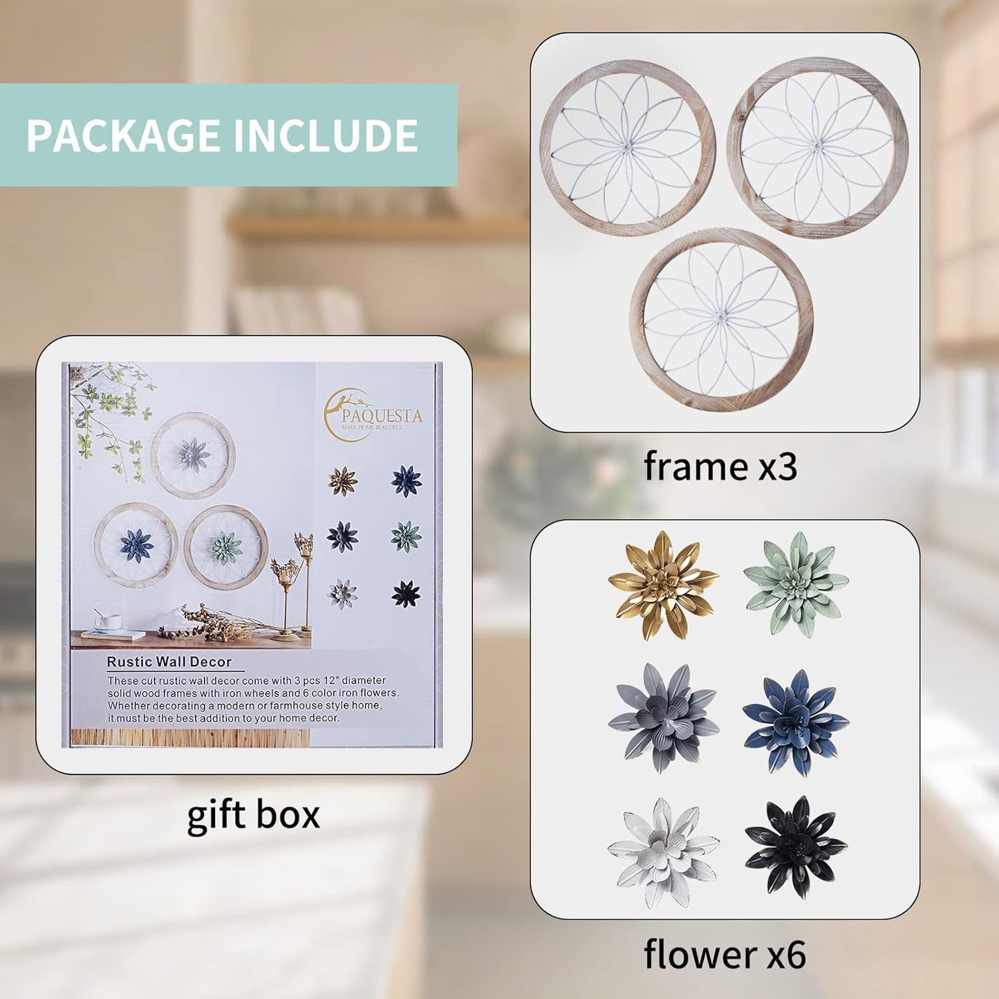 Paquesta 3 Piece Round Farmhouse Wall Decor with 6 Piece Interchangeable Flowers 12'' Medallion Wood & Metal Rustic Wall Art for Living Room Bedroom Kitchen Bathroom Dining Room Home Decorations