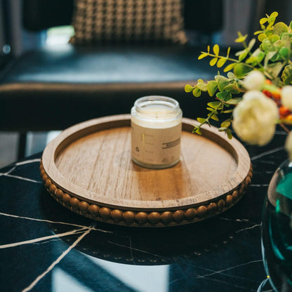 HPC Decor 12in Round Wood Tray - White, Distressed, Farmhouse Rustic - Decorative Tray for Living Room, Coffee Table, Kitchen Table or Farmhouse Serving Tray