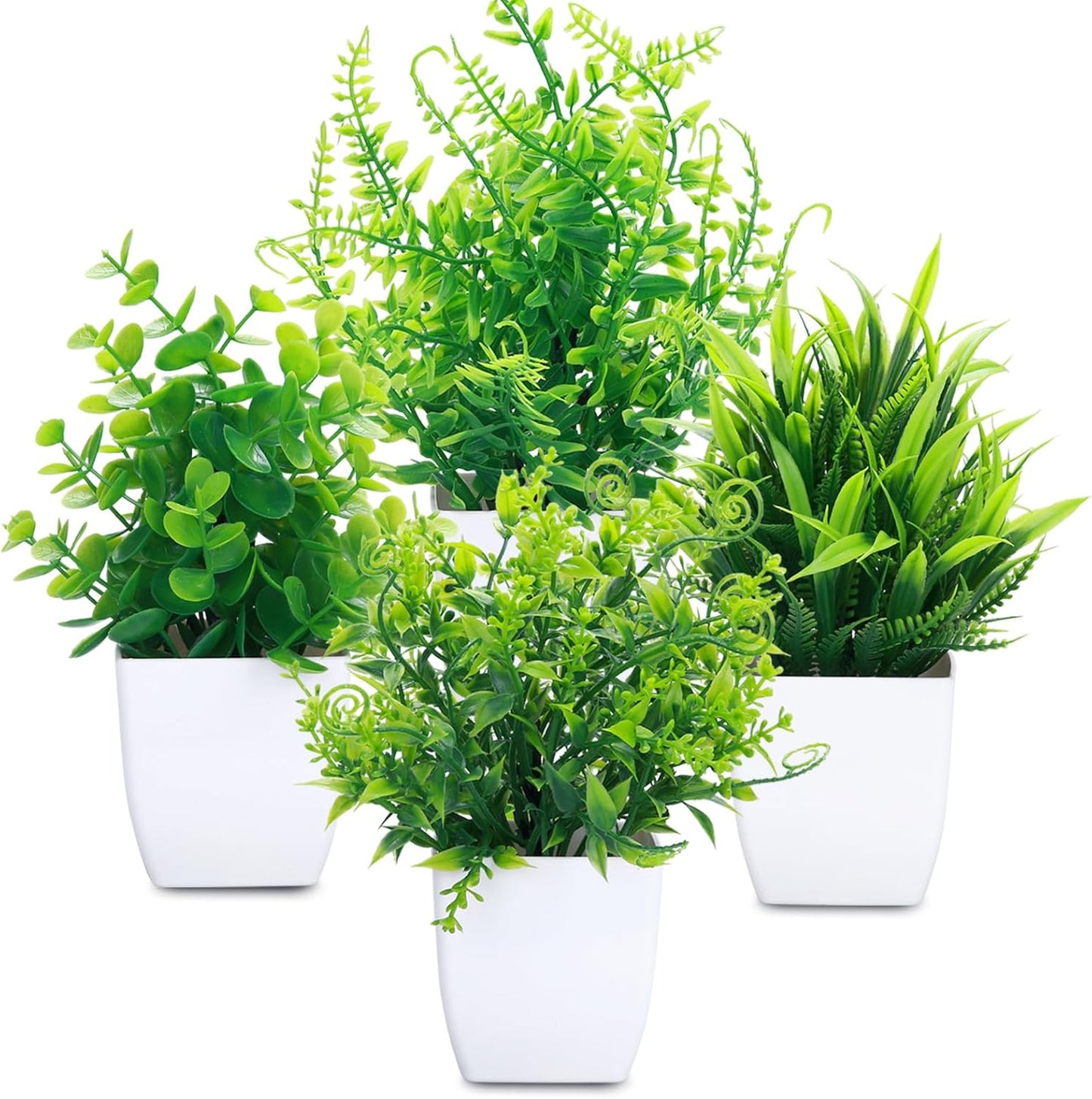 GREENTIME 4 Pack Fake Plants in Black Pot Mini Artificial Eucalyptus Potted Plant Small Faux Grass Greenery Potted for Indoor Home Office Farmhouse Bathroom Table Decoration