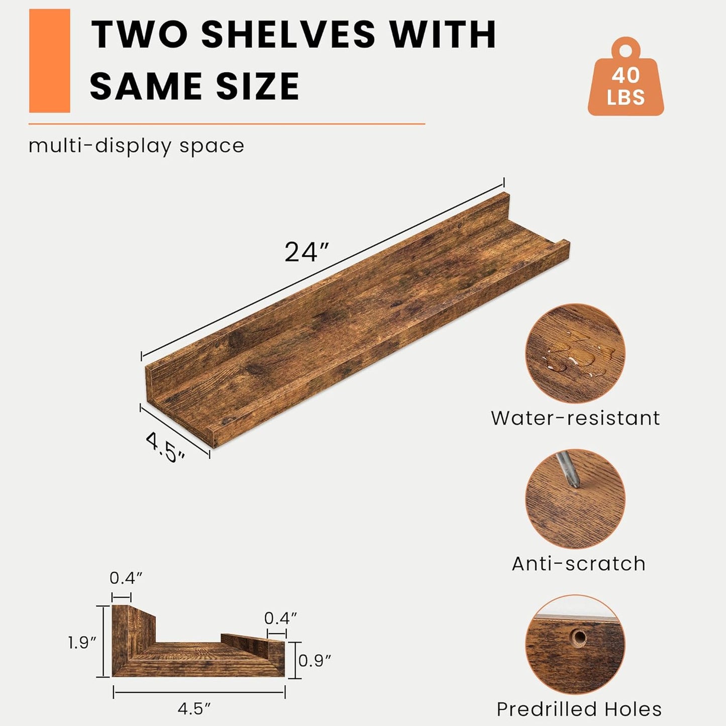 Heimlove Picture Ledge Shelf, Floating Shelves Set of 2, 24 Inches Picture Shelf for Wall with Ledge, Kids Bookshelf Wall Mounted for Living Room Bedroom Decor Books Photo Frames - White