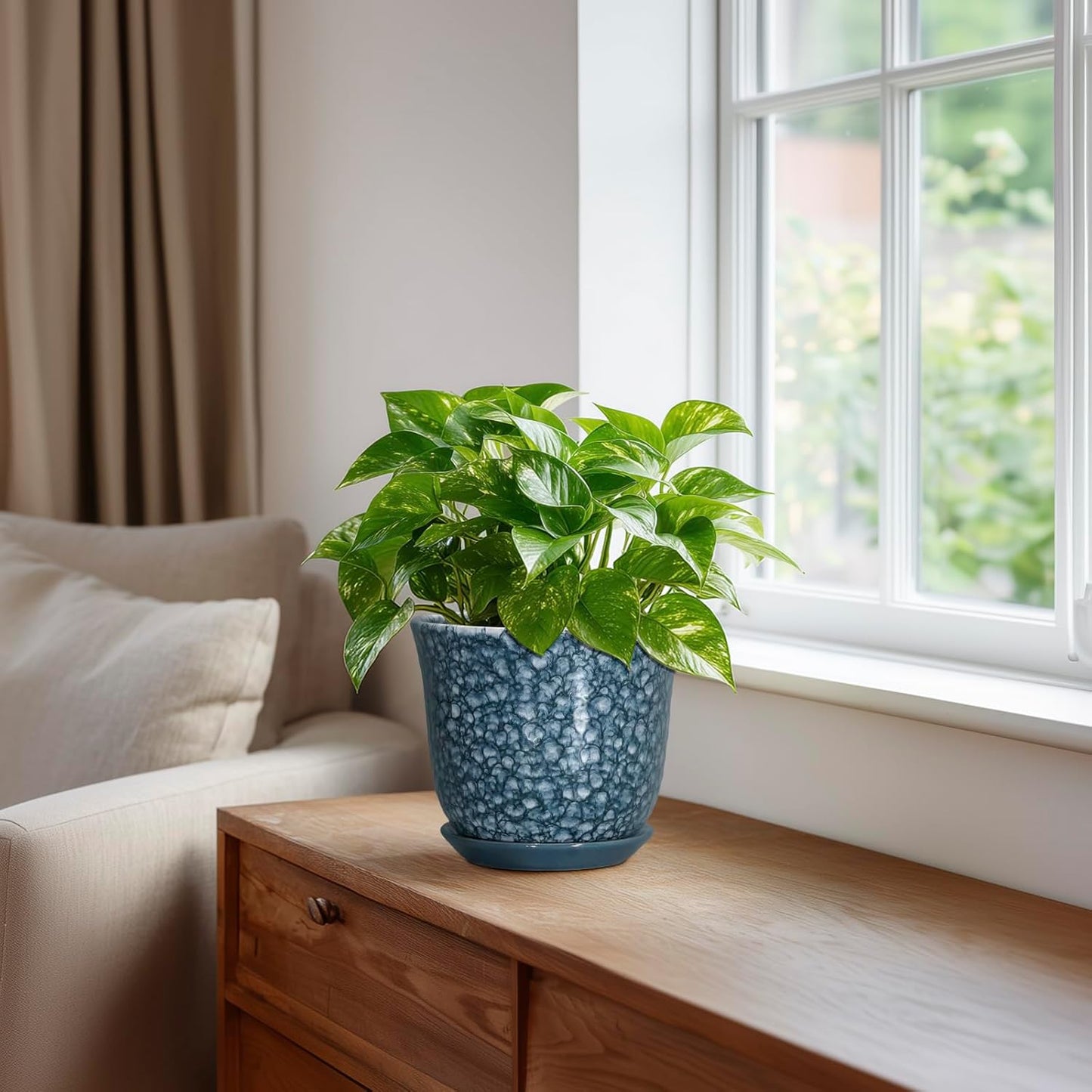Ceramic Plant Pots - 12 Inch Pots for Plants Indoor Outdoor, Large Round Planter with Drainage Hole and Saucer, Modern Decorative Flower Pot, Home Garden Decor, House Warming Gifts, Blue