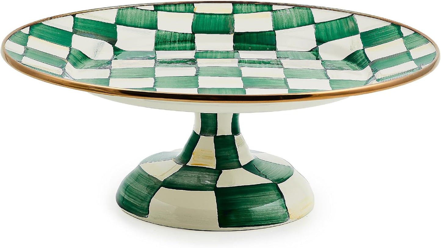 MACKENZIE-CHILDS Enamel Pedestal Serving Platter, Decorative Serving Dish for Food, Small, Black-and-White Courtly Check