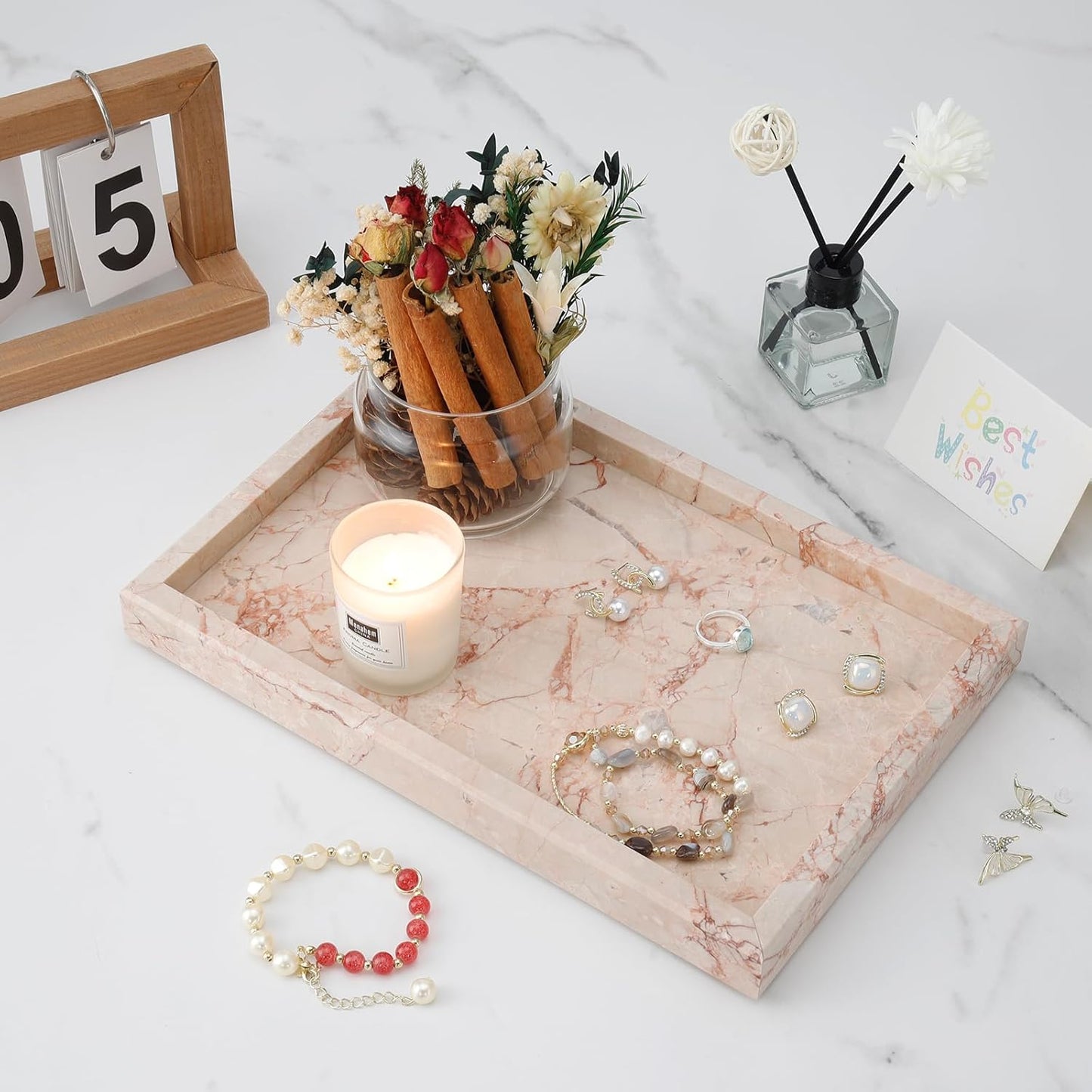 Marble Bathroom Tray,Pure Natural Vanity Tray,Marble Tray for Kitchen Counter Non-Ceramic/Non-Resin,Stone Trays 12 x 8 inch Cyan Green