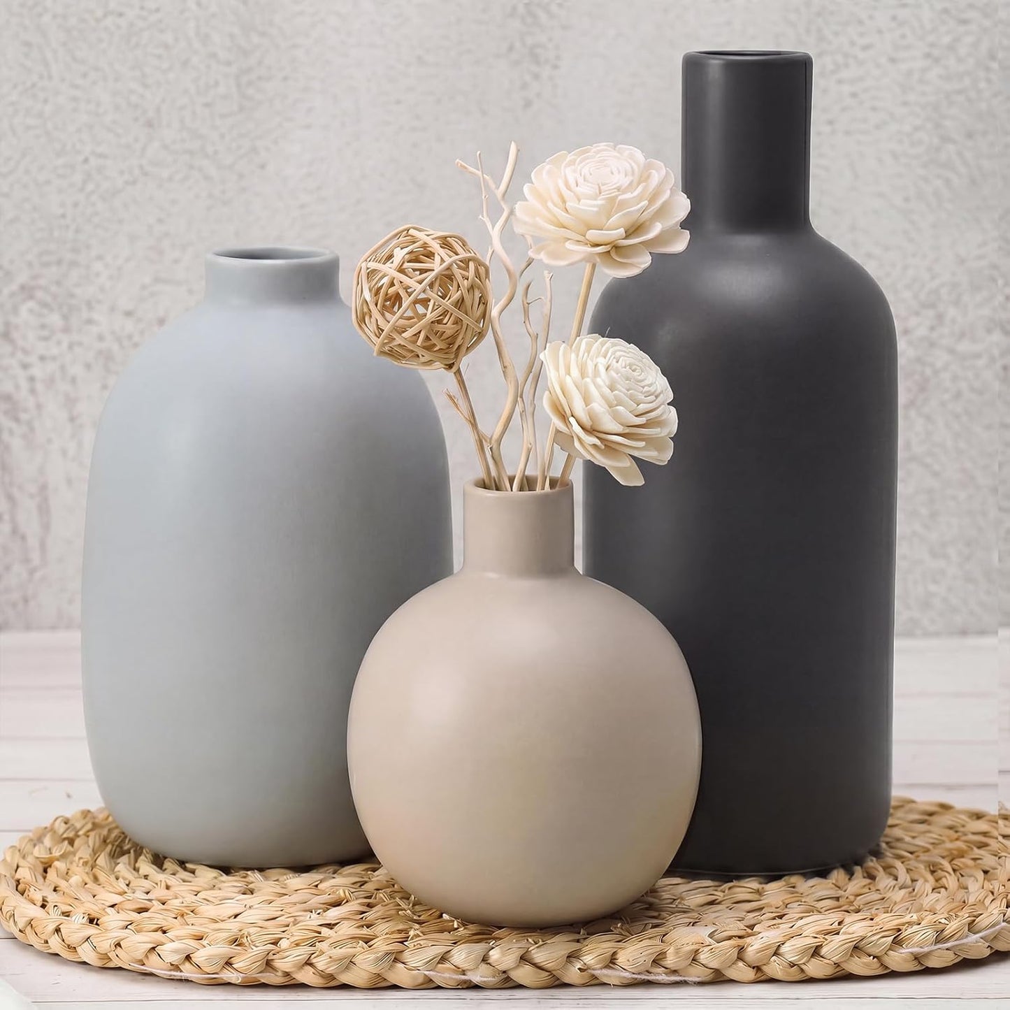 Modern Ceramic Vase Set of 5, Vases Home Decor Rustic Farmhouse Decorative Vase Pottery Vases for Bouquet Pampas Grass Dried Fresh Flowers, Table Living Room Kitchen Bedroom