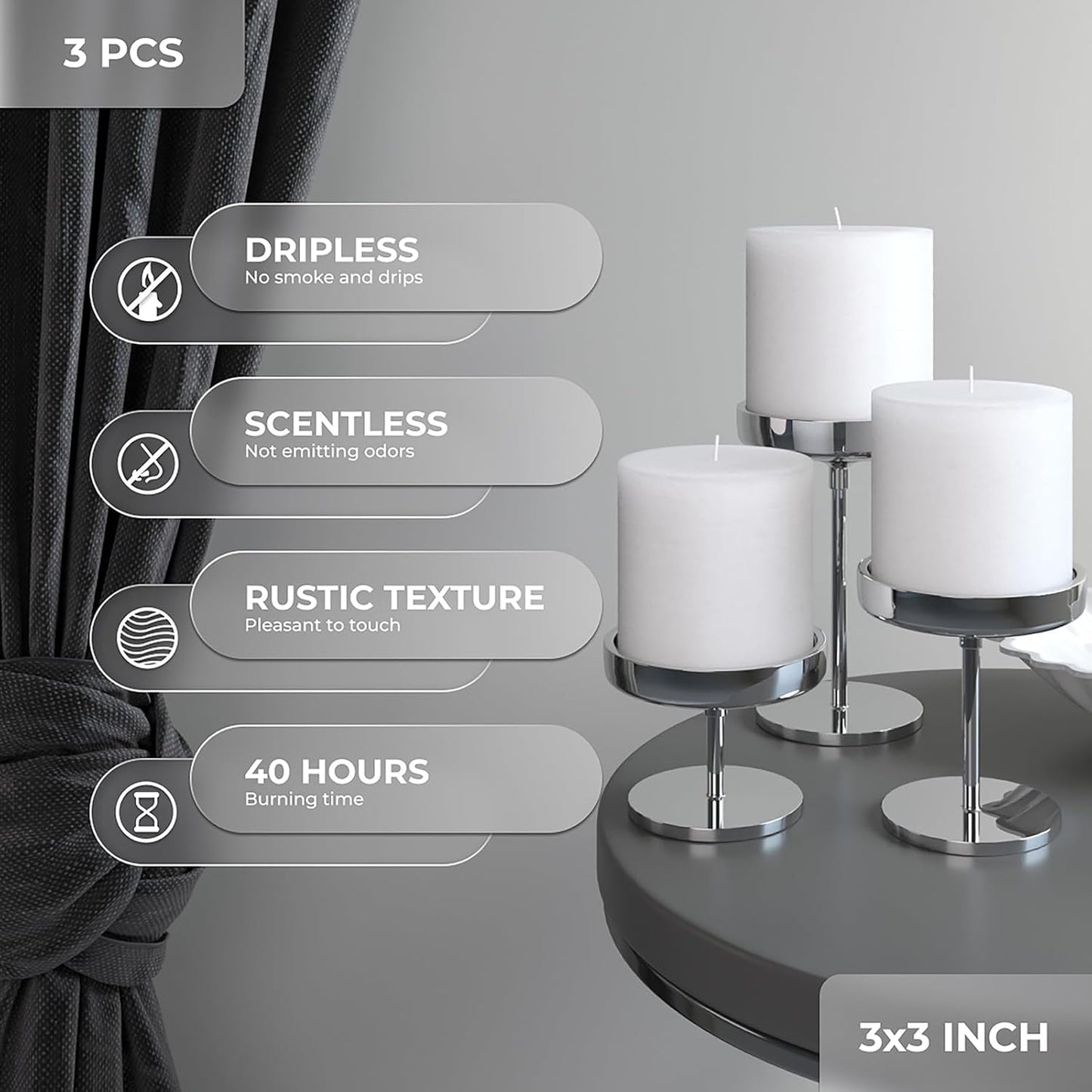 CANDWAX 3x4 inch Pillar Candles Set of 3 – Unscented Dripless Rustic Dark Blue Candles for Room Decor, Weddings, Centerpieces