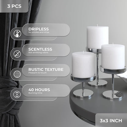 CANDWAX 3x4 inch Pillar Candles Set of 3 – Unscented Dripless Rustic Dark Blue Candles for Room Decor, Weddings, Centerpieces