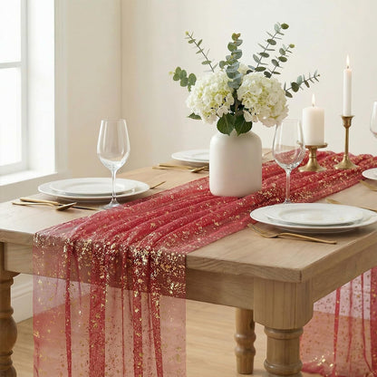 Artoid Mode Beige Gold Gauze Table Runner 120 Inch 10FT, Glitter Metallic Foil Sheer Dining Wedding Anniversary Holiday Birthday Table Decor for Home Party