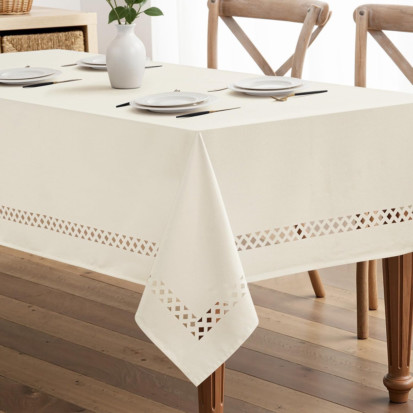 MIULEE Beige Rectangle Linen Polyester Tablecloth with Decorative Cutouts Spring Waterproof Stain Resistant & Shrink-Proof Table Cloth 52x70 inch Farmhouse Style for Dining Wedding and Outdoor