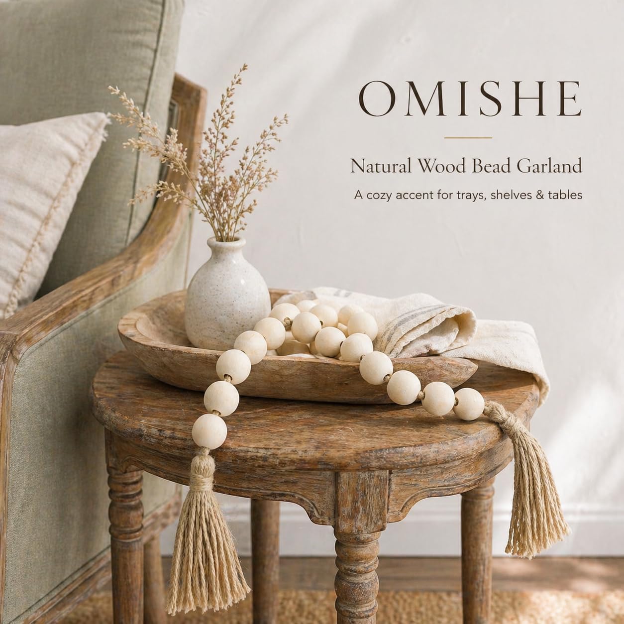 OMISHE Extra Large Wood Bead Garland with 1.6" Diameter Wooden Beads and Tassels, 41" Long Rustic Farmhouse Country Decorative Beads for Home Tiered Tray Decor, Natural Beige