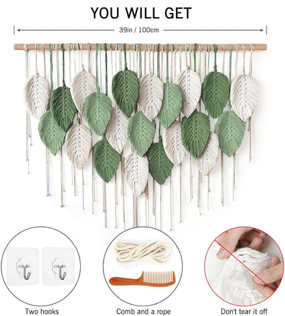 Weldomcor Large Macrame Wall Hanging Boho Home Decor, Handmade Bohemian Woven Leaves Macrame Tapestry Modern Aesthetic Chic Wall Art Decorations for Bedroom Living Room Nursery Office 39" W x 29.5" L
