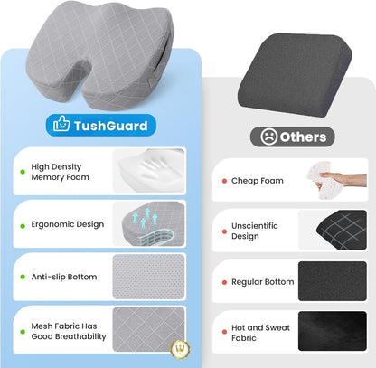 TushGuard Seat Cushion - Memory Foam Cushion for Office Chair, Car Seat, Airplane, Bleacher - Sciatica & Hip & Coccyx Pain Relief Desk Chair Cushion for Long Sitting Office Workers, Car Drivers