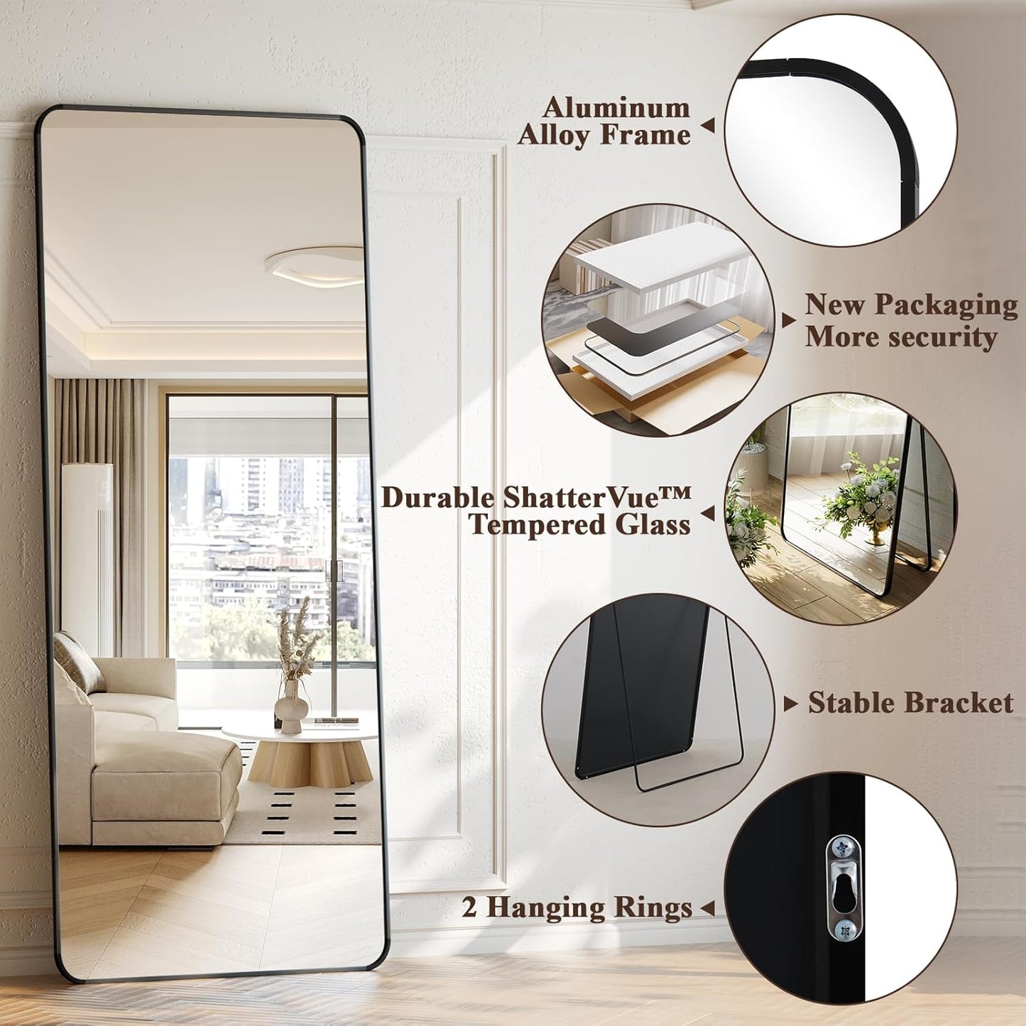 XRAMFY 56"x21" Floor Full Length Mirror Standing Full Body Rounded Corner Rectangle Mirrors with Stand Hanging Wall Mounted Leaning Bedroom Living Room Bedroom Cloakroom,Gold