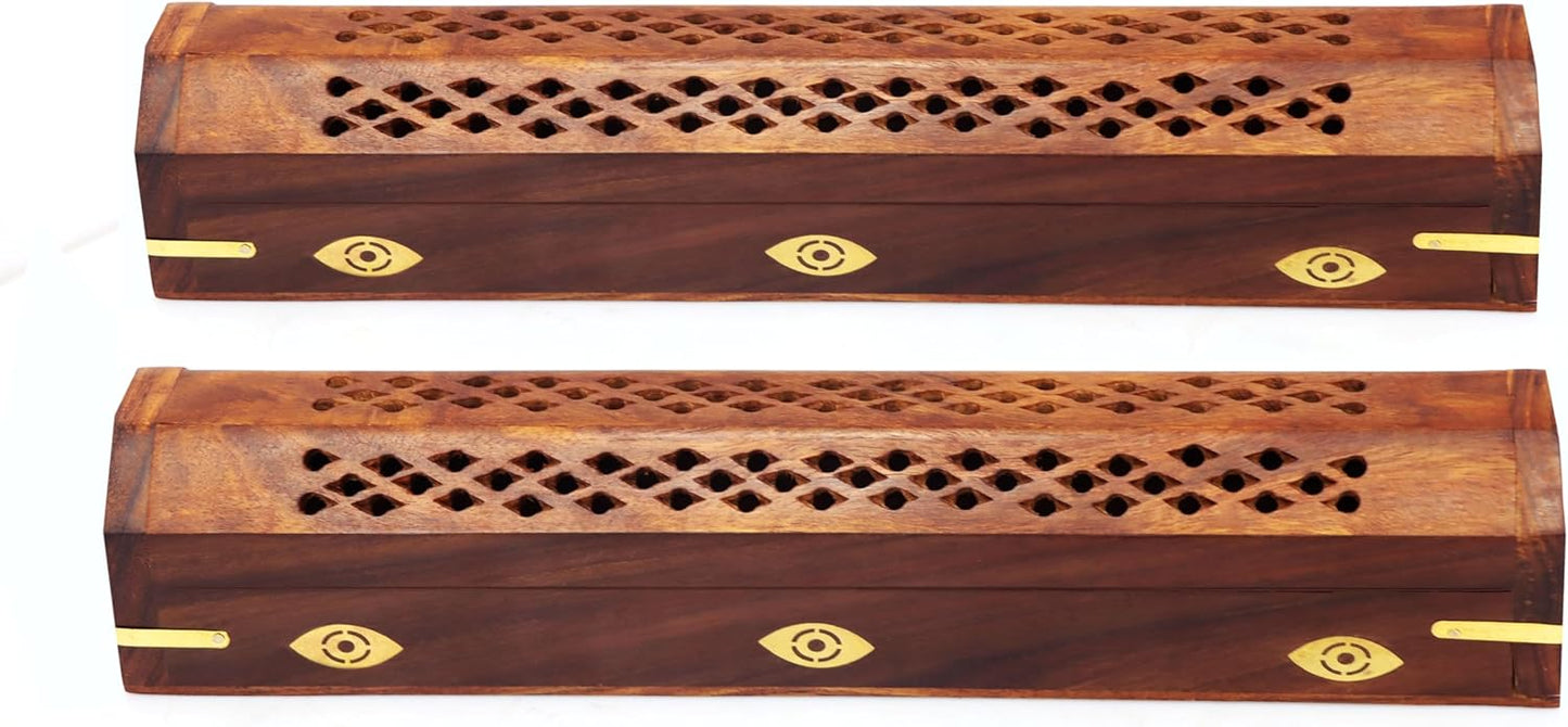 Sheesham Wood Incense Burner - Handmade Coffin Style Sun and Moon Inlay Incense Holder - Aromatherapy Room Freshener Cone Incense Stick Burner Ash Catcher - Zen Home Gift - 12x2x2 - COTTON CRAFT