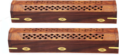 Sheesham Wood Incense Burner - Handmade Coffin Style Sun and Moon Inlay Incense Holder - Aromatherapy Room Freshener Cone Incense Stick Burner Ash Catcher - Zen Home Gift - 12x2x2 - COTTON CRAFT