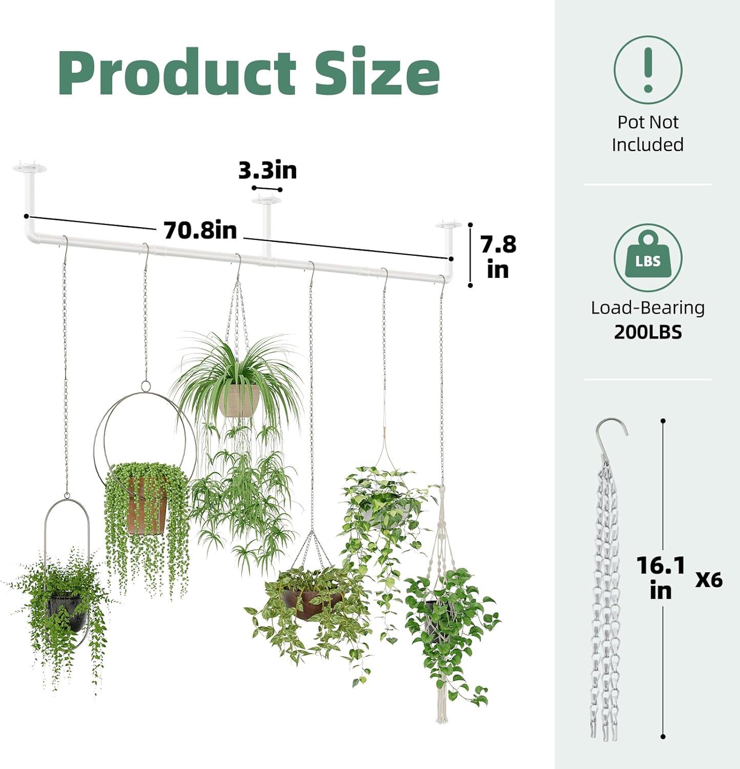 Galood Plant Hanger Indoor with 6 Hanging Chains Hanging Planters for Indoor Plants Hanging Plant Holder Window Plants Rod Black Metal Shelves(70.8 Inch Pot not Included