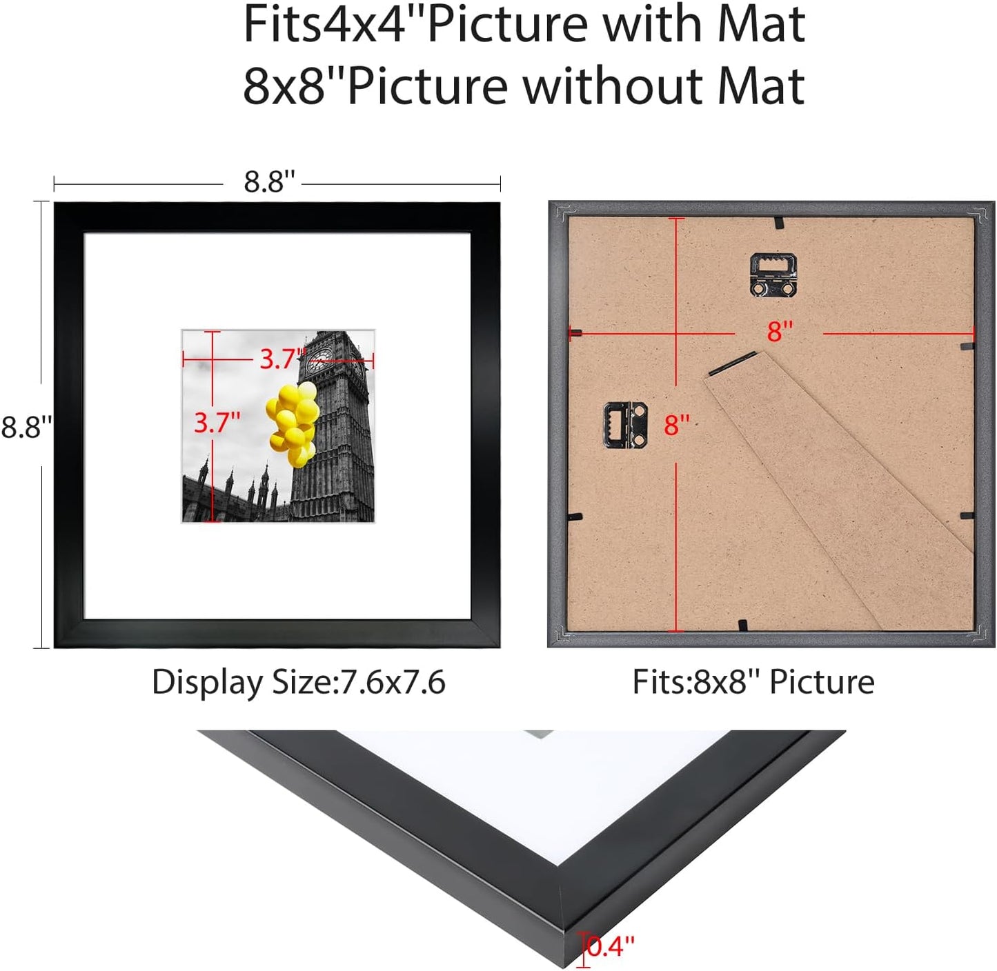 12x12 Picture Frame Set of 9, Display Pictures 8x8 with Mat or 12x12 without Mat, Multi Collage Gallery Square Photo Frames for Wall or Tabletop, Black