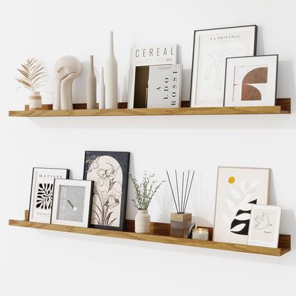 RICHFOCUS Picture Ledge Shelf, 24 inch Floating Shelves Set of 2, Wood Wall Shelves with Lip, Wall Decor Storage for Bedroom Living Room Bathroom Kitchen Nursery Photo Picture, Walnut