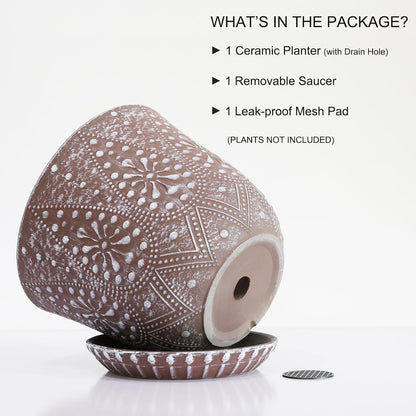 Gepege 6 Inch Beaded Ceramic Planter Set of 2 with Drainage Hole and Saucer for Plants, Indoor-Outdoor Large Round Succulent Orchid Flower Pot (Smoked Gray, Inner-pots not Larger Than 5 Inch)