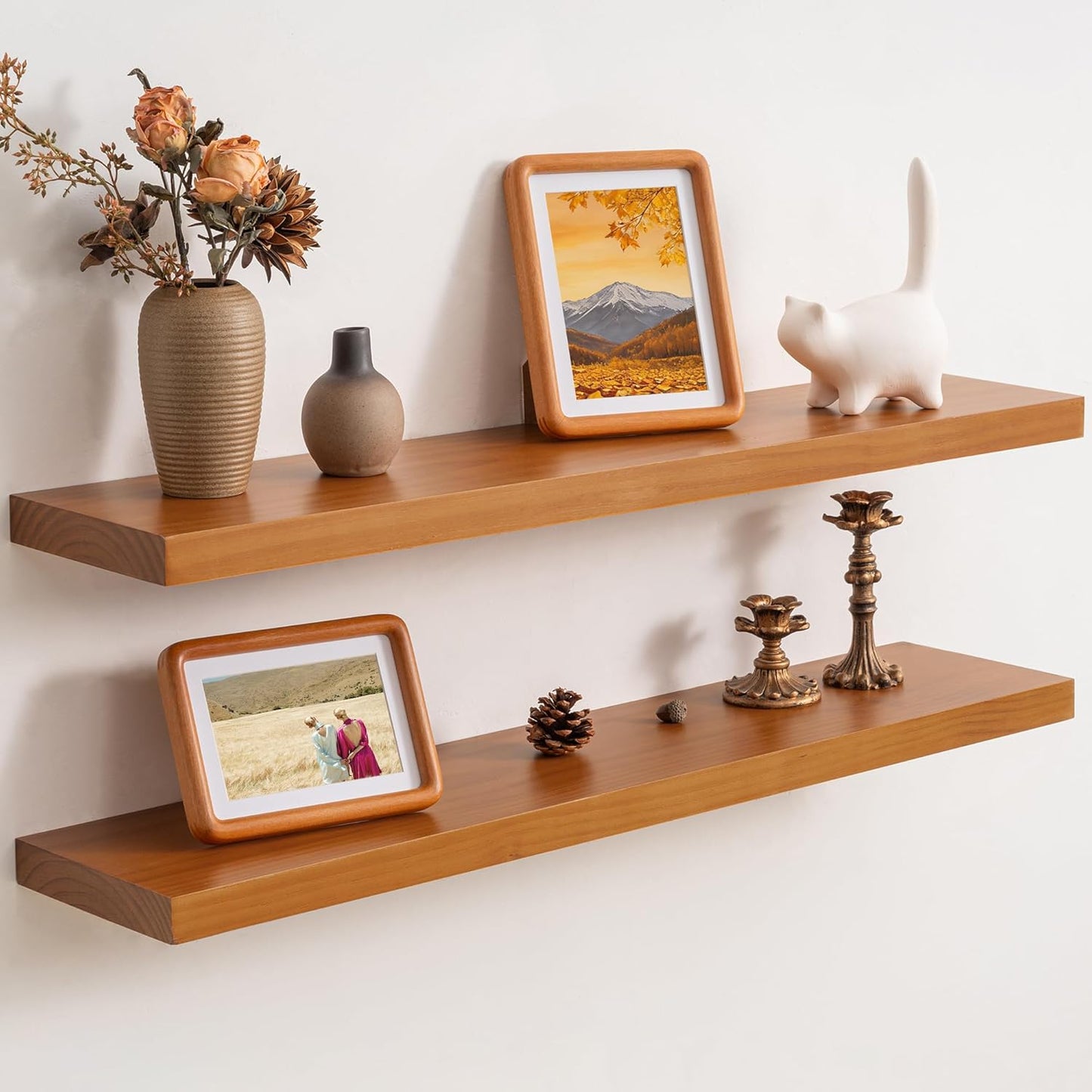 Floating Shelves 36 Inches Long - 8 Inch Deep Rustic Premium Solid Pine Wood for Storage - Farmhouse Wall Mounted for Living Room - Heavy-Duty Metal Bracket - 36" W x 8" D - Set of 2 - White Color