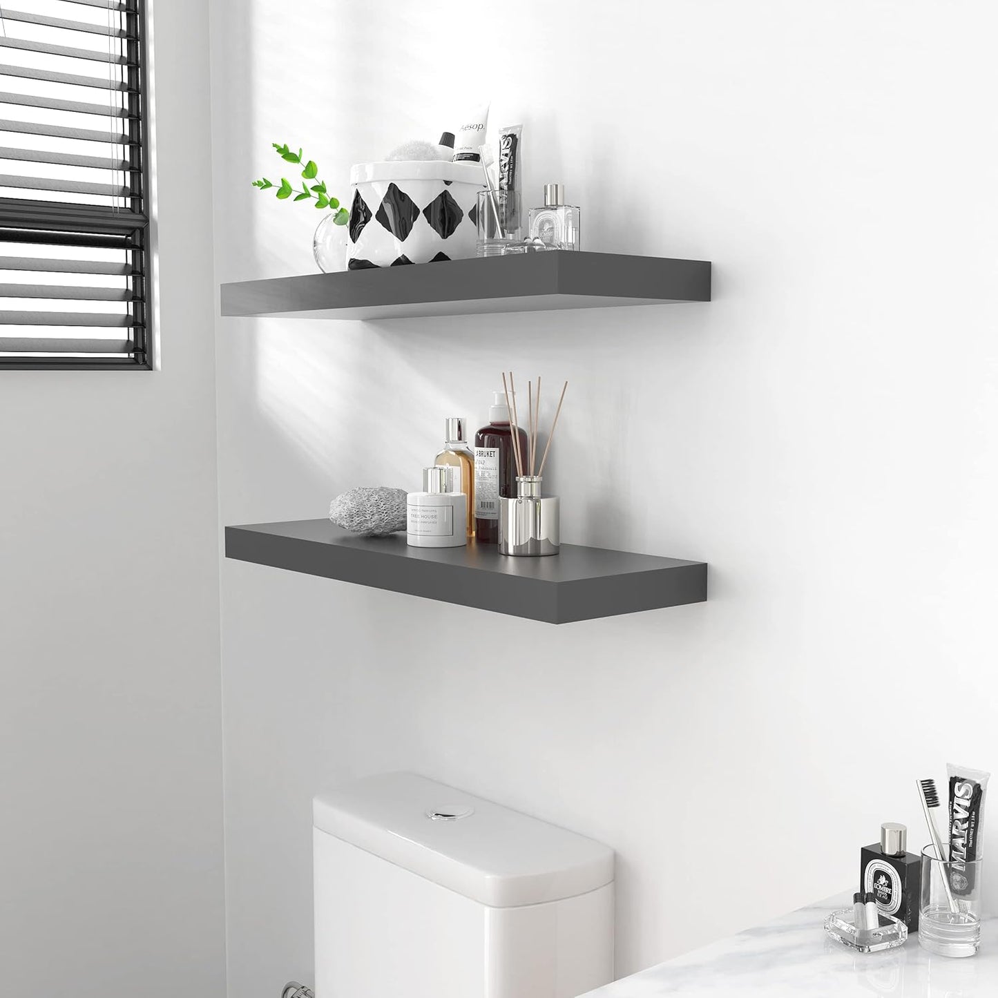 Ballucci Floating Shelves for Wall, 48" Wood Wall Shelf Set of 2, with Invisible Brackets for Bathroom, Living Room, Bedroom, Kitchen, Nursery, 8" Deep, Black