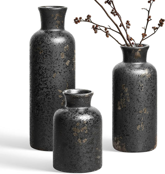 LE TAUCI Ceramic Vase Set of 3, Vintage Botanical Flower Vases for Fresh or Dried Flowers, Cottagecore Home Decor for Coffee Table, Mantel, Shelf, Entryway, Vine Green