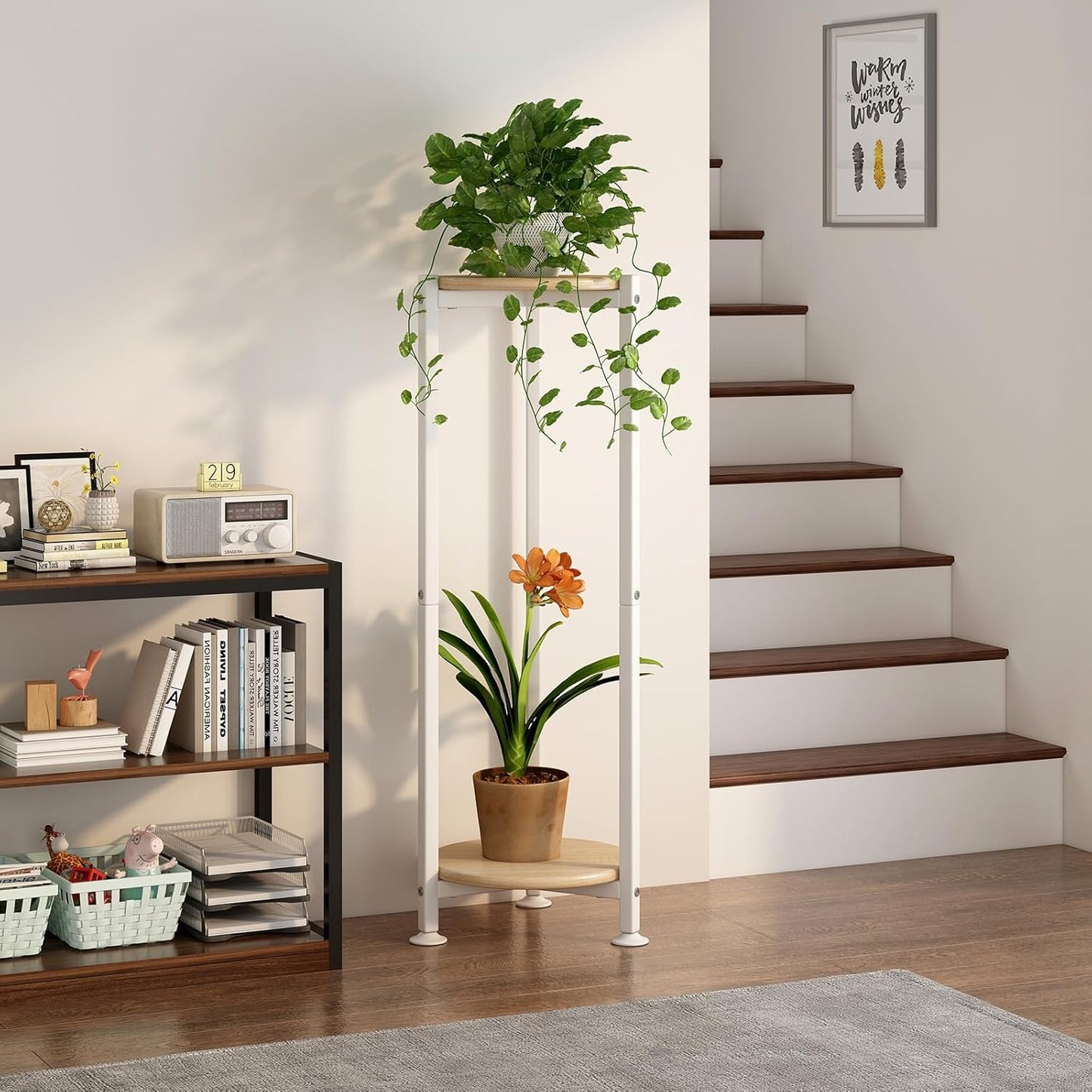 Plant Stand Indoor Corner Tall 2 Tier Metal Modern Flower Storage Plant Shelf Holder for Living Room Balcony Garden,Black (2 Tier-Black Round)