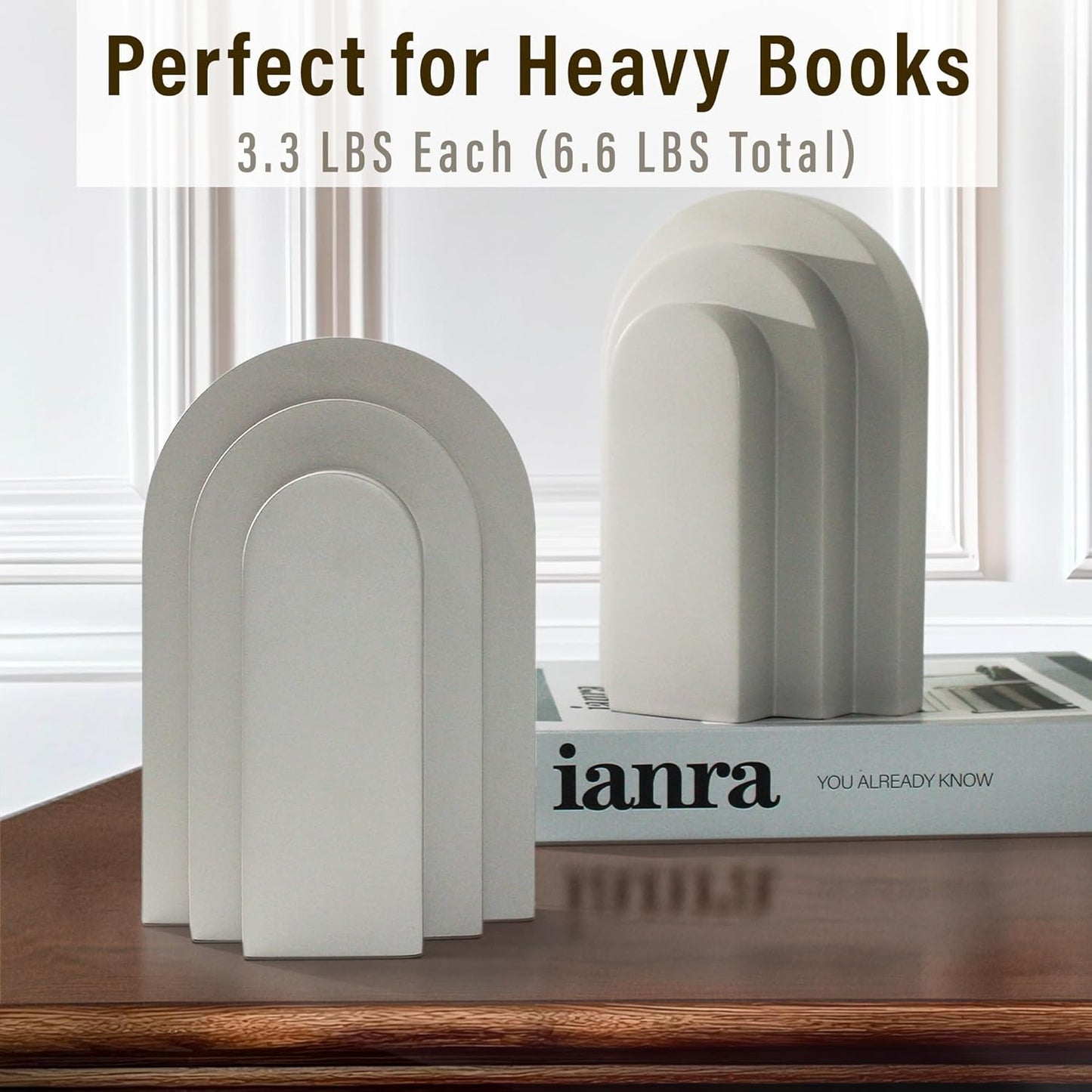 LIN CHUAN Heavy Duty Bookends for Shelves, 6.6 LBS Heavy Book Ends for Heavy Books, Decorative Modern Bookends with Faux Sandstone Look, Layered Arch Book Stopper for Bookshelf Holder Set of 2, Beige
