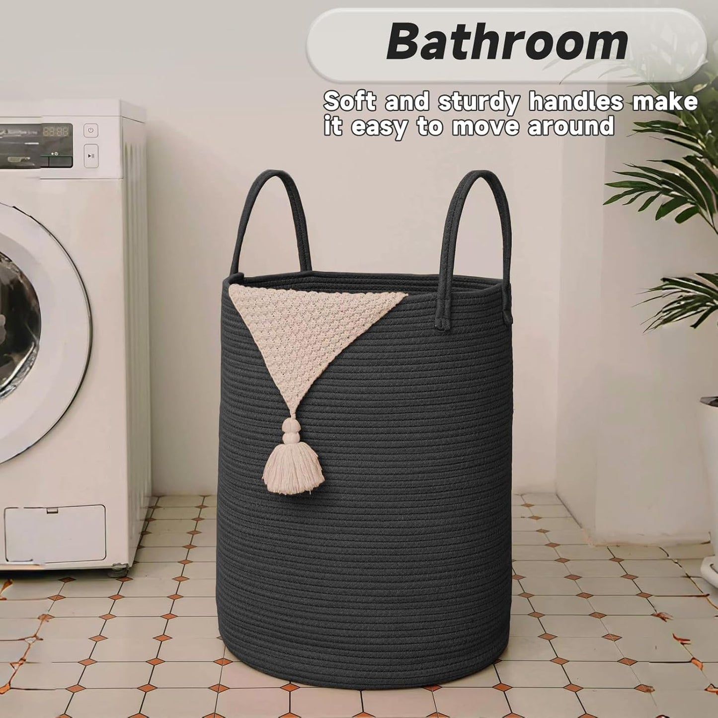 JMvicyroam Large Woven Laundry Basket Hamper,60L Cotton Rope Storage Bin for Blankets,Toys and Clothes,Decorative Tall Nursery Hamper for Living Room,Baby Nursery,Bathroom and Bedroom,Brown