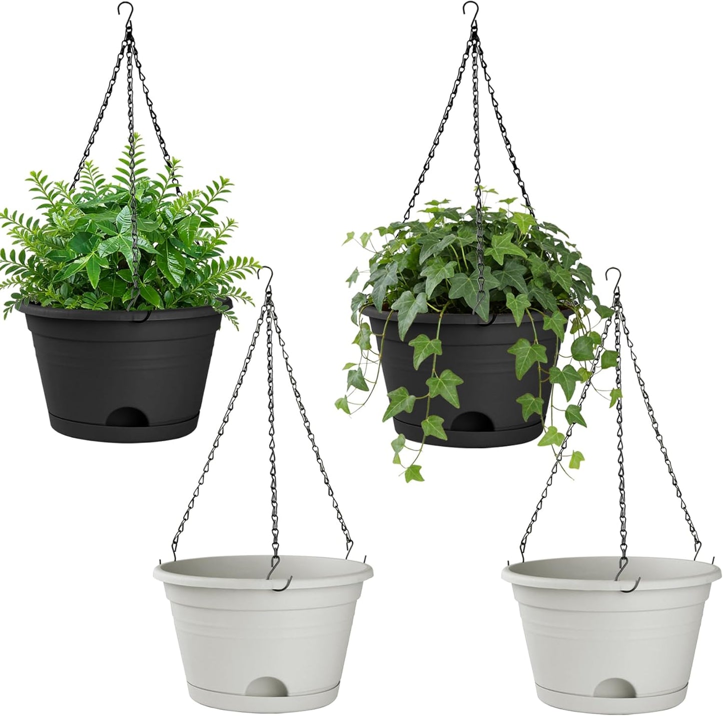 Nooulap 4 Pack Hanging Planters, 10 Inch Hanging Plant Pot with Hanger Chain & Drainage Trays, Hanging Baskets for Plants Outdoor Indoor, Flowers Pots for Home, Garden, Porch Decor (Black)
