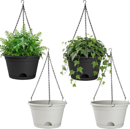 Nooulap 4 Pack Hanging Planters, 10 Inch Hanging Plant Pot with Hanger Chain & Drainage Trays, Hanging Baskets for Plants Outdoor Indoor, Flowers Pots for Home, Garden, Porch Decor (Black)