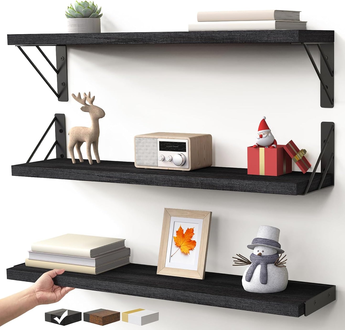 BAYKA Wall Mounted Floating Shelves, Wood Floating Wall Shelf for Books & Decor, Small Space-Saving Display & Organizer（Black，Set of 3）