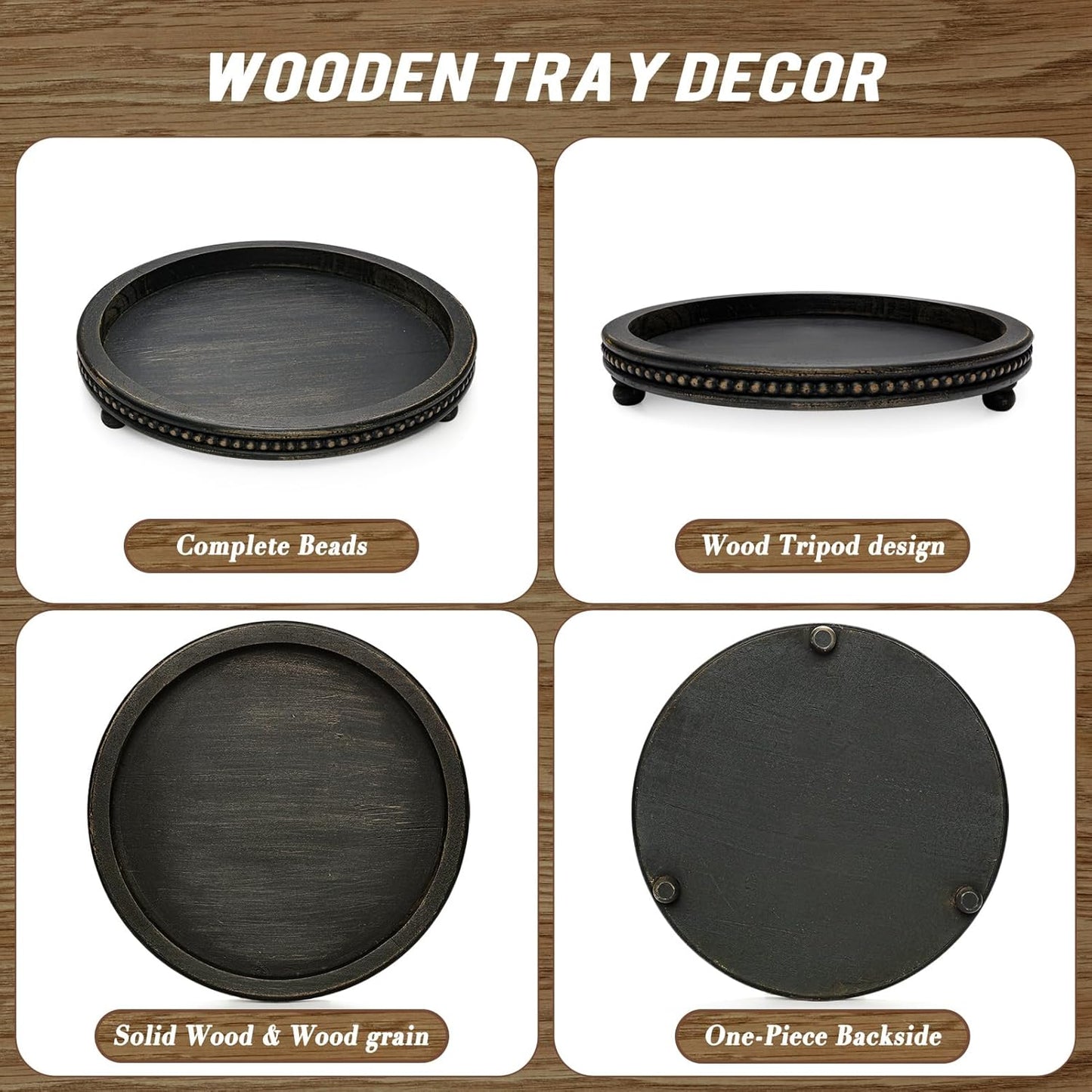 KULEDM Handmade Wooden Decorative Tray, Small Beaded Coffee Table Tray Decor, Sage Round Serving Tray for Coffee Table, Dining Room Table Entryway and Living Room Table