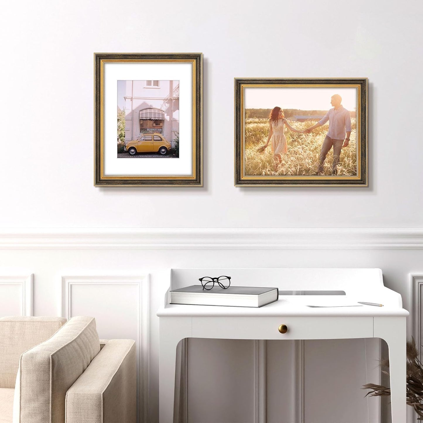 Golden State Art,11x14 Ornate Picture Frame for 8x10 Photo with Mat or 11 x 14 Prints without Mat,Real Glass Wall Display(Color:Green Gold)
