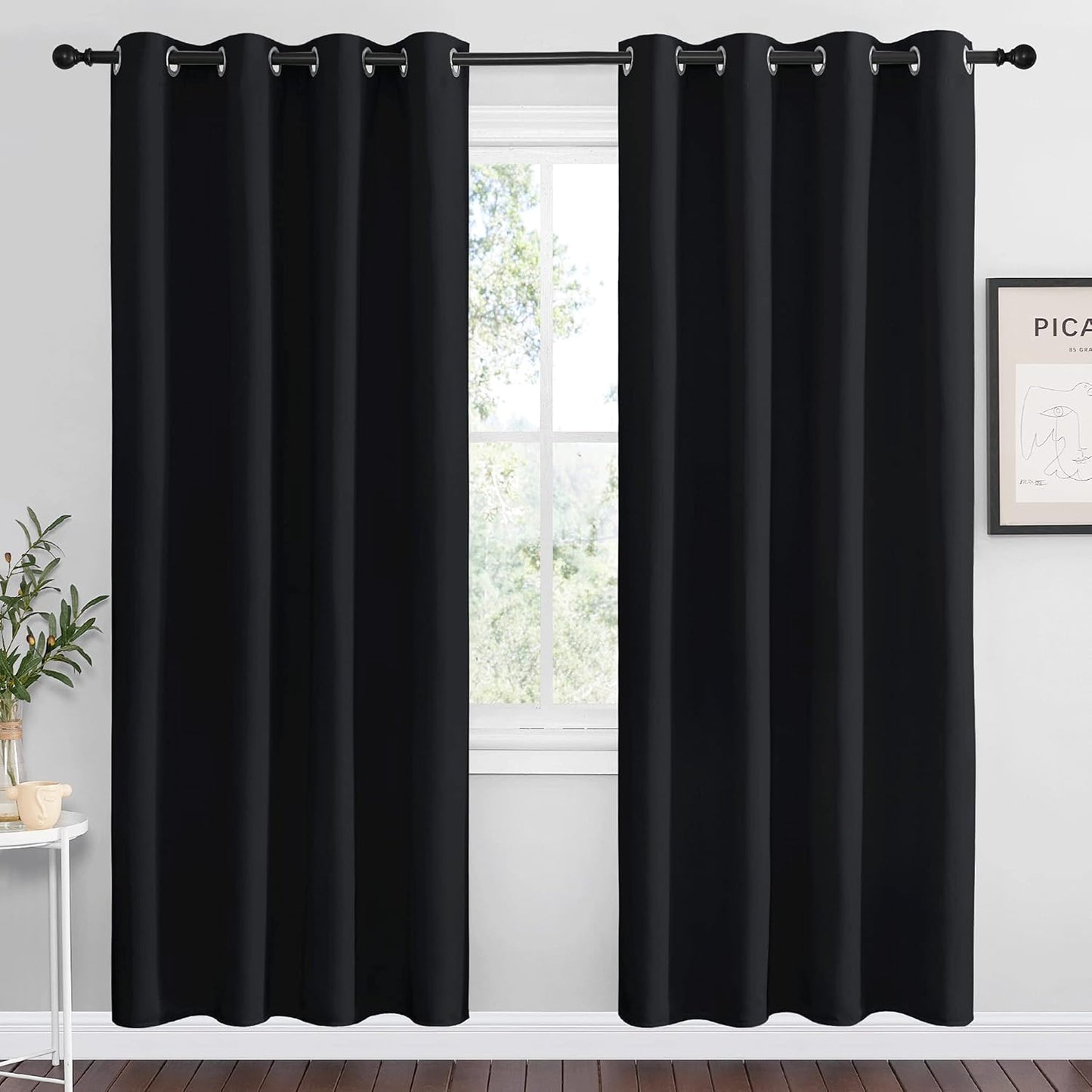 NICETOWN Halloween Pitch Black Solid Thermal Insulated Grommet Blackout Curtains/Drapes for Bedroom Window (2 Panels, 42 inches Wide by 63 inches Long, Black) - Colors E